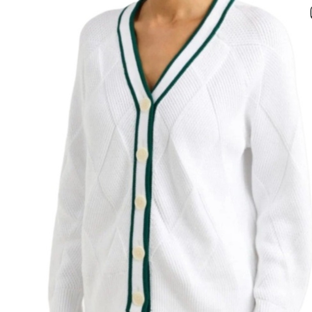VARLEY WOMEN'S DORSET WHITE CARDIGAN WITH FOREST GREEN TRIM SZ XL  NWT